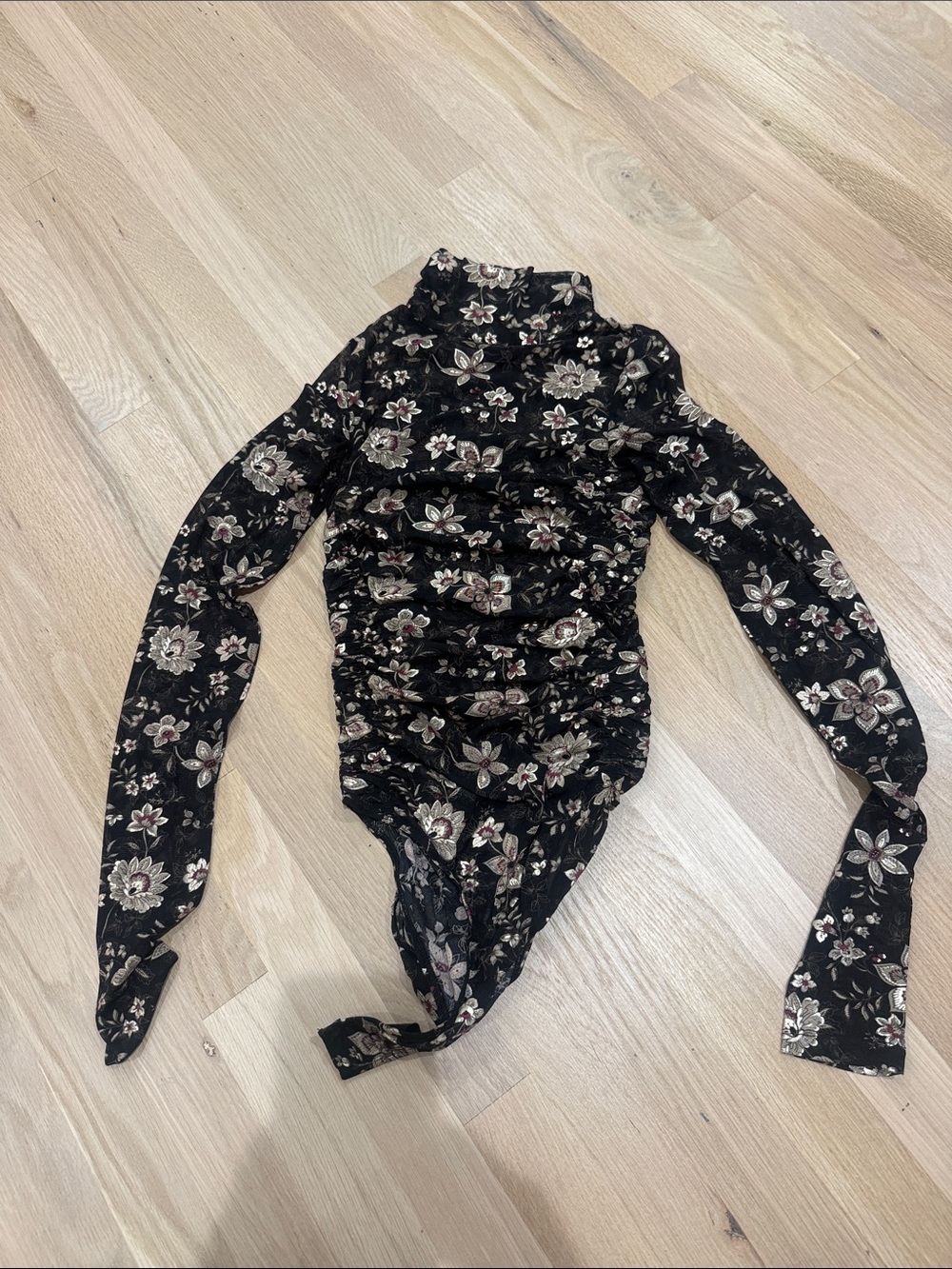 Vici Black Floral Ruched High-Neck Long Sleeve Bodysuit